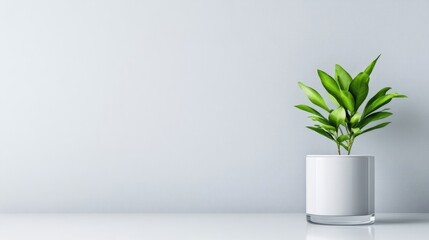 A potted green plant sitting on a minimalist white shelf against a light blue wall, simple and modern interior decor, and natural and fresh atmosphere.