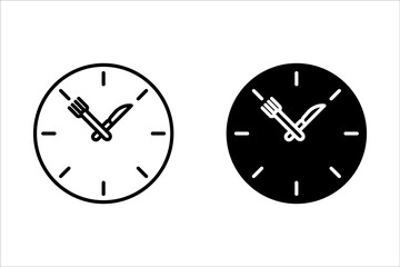 Business lunch icon. Knife, fork and plate with clock illustration. Lunch time symbol.