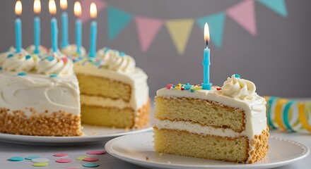 Birthday cake with candles and a slice on a plate in front of a banner decoration backdrop