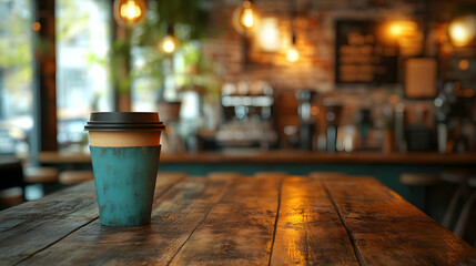 Teal Coffee Cup on Rustic Wooden Table in a Cafe