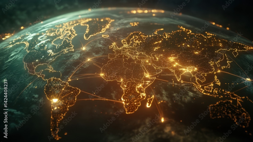 Poster global network: illuminated world map