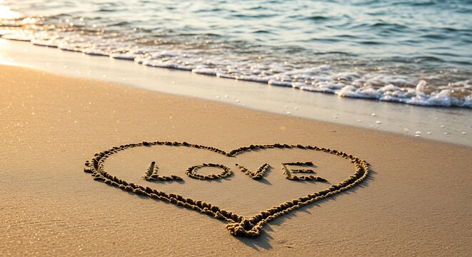 A heart drawn in the sand with the word love written inside near the ocean water edge at sunset