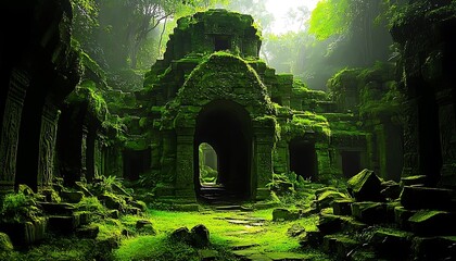 Moss Covered Temple Ruins with Arches and Sunlight in Lush Green Forest Setting