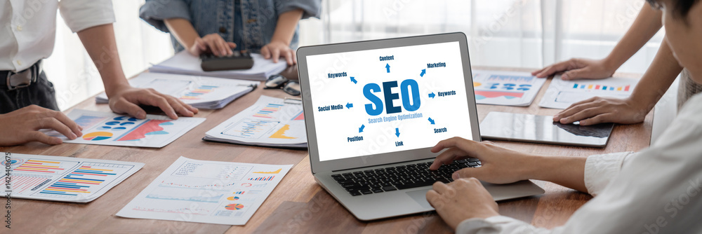Poster SEO search engine optimization for brisk e-commerce and online retail business showing on computer screen