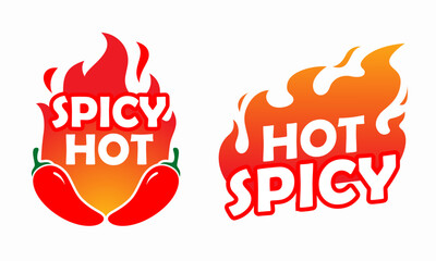 set of badge Spicy Hot Chili Pepper Flames logos icon