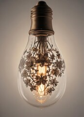 Intricate floral engraving adorns a glowing light bulb ,  object,  glass
