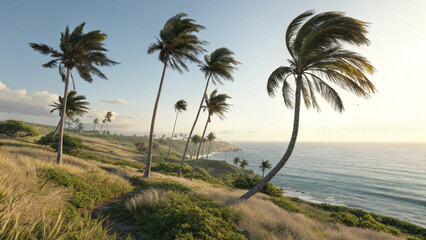 Coastal palm trees swaying gently in warm sunset breeze ocean view