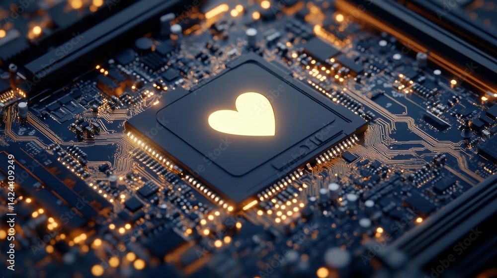 Poster social media technology concept with like symbol on a microchip. white neon data flows between the c