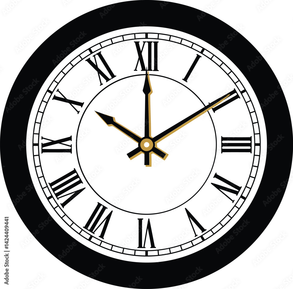 Poster classic round wall clock with roman numerals and black frame showing time at ten past twelve vector 