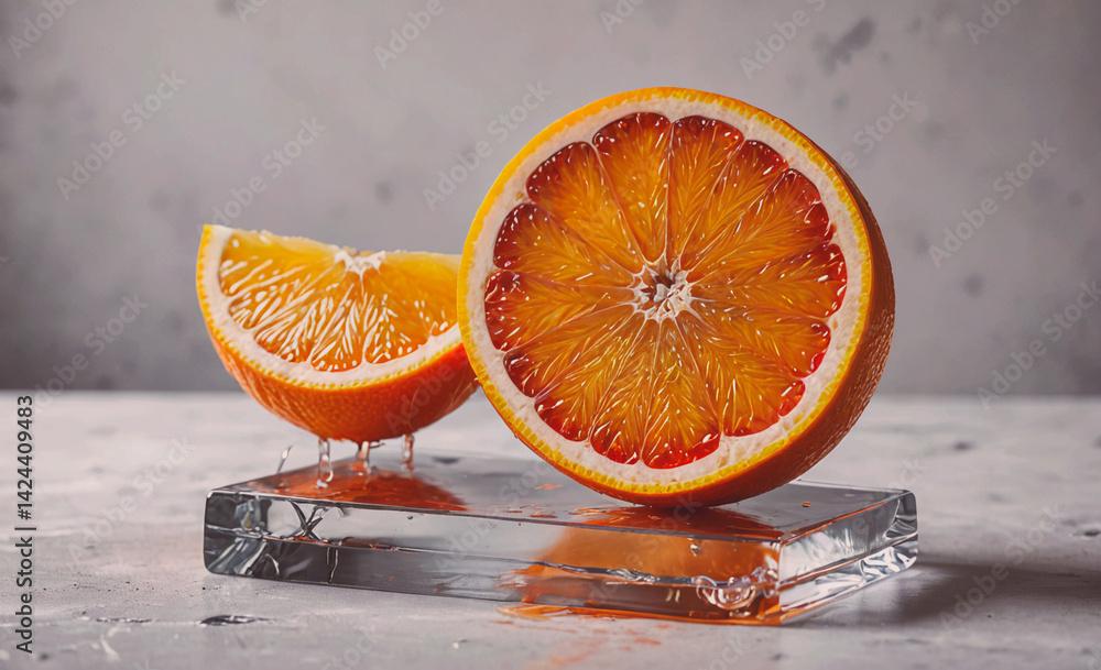 Poster slice of orange with a small hole in the middle. the orange is cut in half and placed on a glass sur