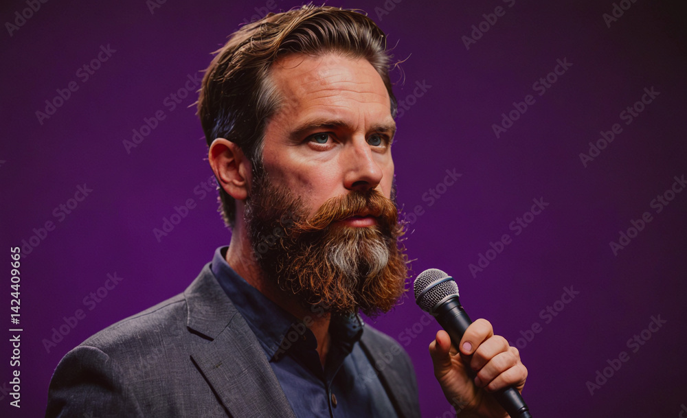 Poster Man with a microphone is standing in front of a purple background. He has a beard and is wearing a suit