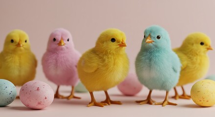 Naklejka premium Colorful easter chicks and eggs on a soft pink background in a studio setting for a holiday theme