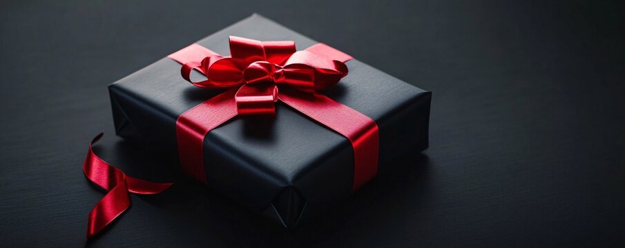 Black gift box wrapped with red ribbon on a black background