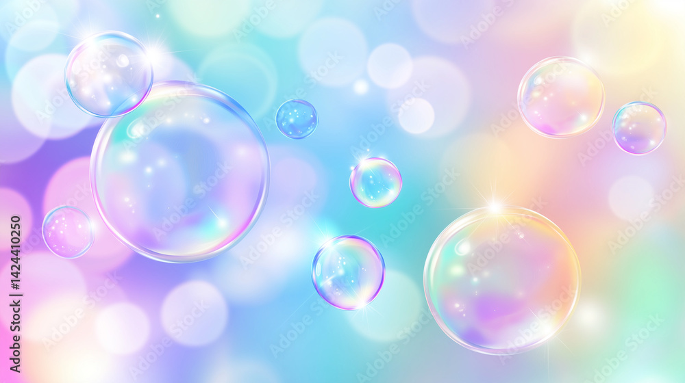 Aufkleber Soft pastel background with floating iridescent soap bubbles and glowing reflections — ideal for dreamy, minimal designs with space for text or branding.