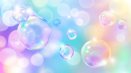 Soft pastel background with floating iridescent soap bubbles and glowing reflections — ideal for dreamy, minimal designs with space for text or branding.