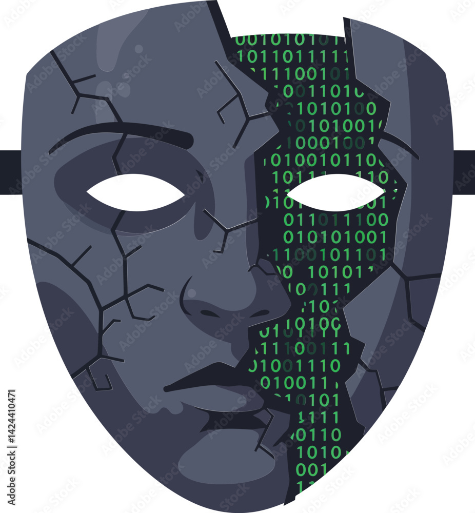 Poster cracked dark stone mask with digital binary code and futuristic cybernetic design vector illustratio