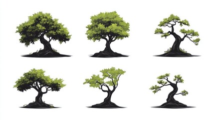Fototapeta premium Six stylized trees, nature illustration, white background, design element