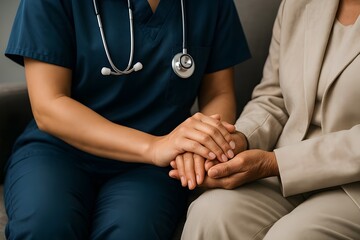 "Healthcare professional comforting senior patient with supportive touch"
