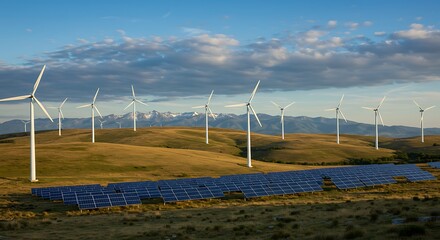 Wind turbines and solar panels on a grassy hill under a blue sky with mountains in the distance