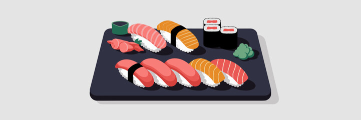 Sushi plate with nigiri, rolls, and sashimi with ginger and wasabi – Great for Japanese restaurant menus, food blogs, or sushi-themed marketing.