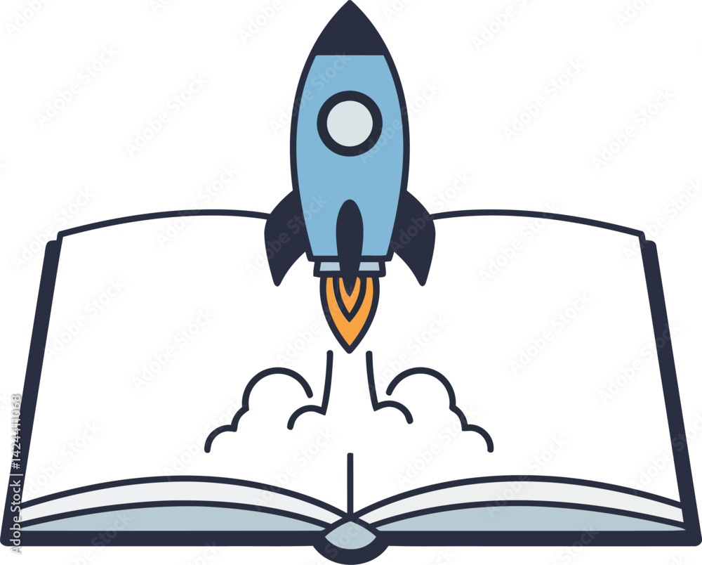 Aufkleber rocket launching from open book symbolizing education and innovation concept in simple vector style