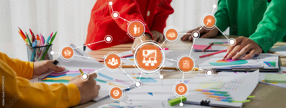Poster startup company employee working together, analyzing bi dashboard paper on financial data report and