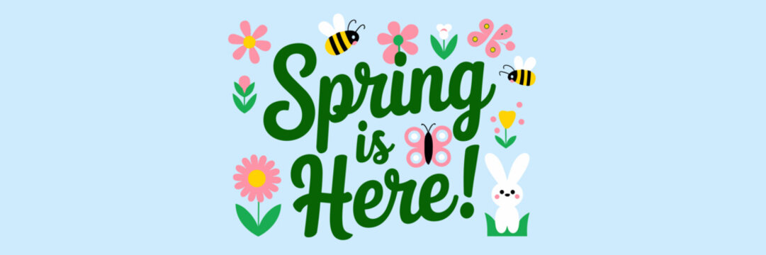 Spring is here! vector illustration with spring-themed icons and cursive text