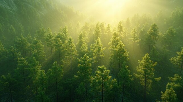 Misty morning in a pine forest