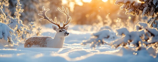 Majestic whitetail buck resting in snowy winter forest at sunset