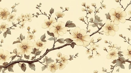 Delicate floral pattern with creamy blossoms and intricate branc