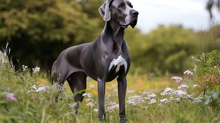 Great Dane standing tall in a field