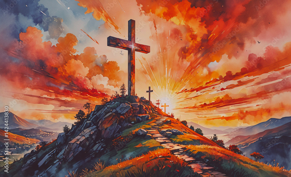 Poster painting of a cross on a mountain with a sunset in the background. the painting conveys a sense of p