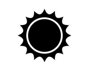 Simple black sun icon on white background. Symbolizes warmth, energy, and optimism. Perfect for weather forecasts, summer designs, and positive messaging.