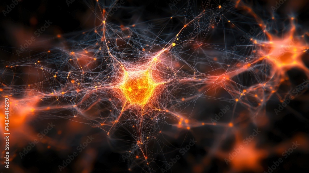 Poster ai powered neural analytics abstract depiction of interconnected neurons emitting glowing signals.