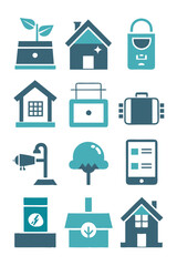 Blue and Teal Icons Set: House, Technology, Nature