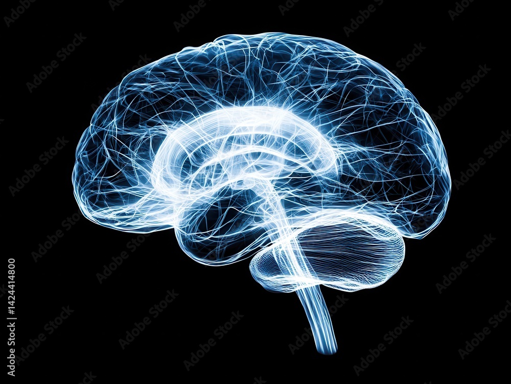 Poster ai powered neural analytics glowing wireframe representation of a human brain against a dark backgro