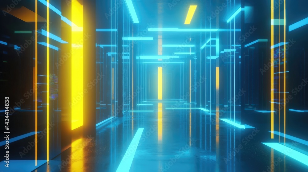 Poster futuristic digital hallway with glowing blue lines and vertical yellow panels in a symmetrical layou