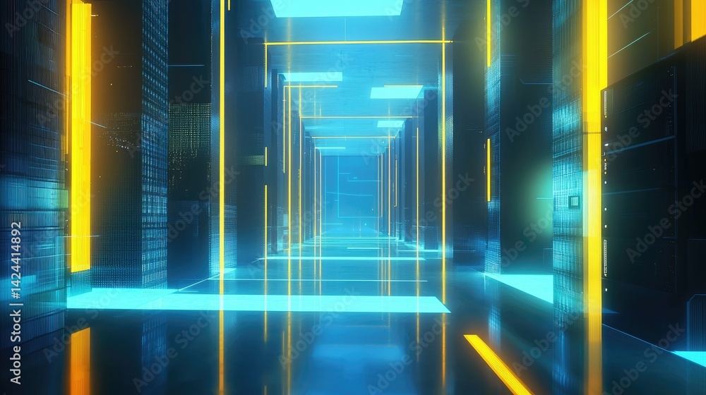 Poster bright futuristic corridor lined with glowing blue paths and vertical yellow server lights. ideal fo
