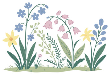 21 Watercolor illustration, botanical garden elements, colorful flower bushes, delicate petals, soft pastel hues, blue forget-me-nots, pink cosmos, purple lavender, yellow daffodils, green foliage, wh