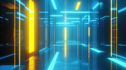 Futuristic digital hallway with glowing blue lines and vertical yellow panels in a symmetrical layout. Ideal for tech, innovation, AI, and data center themes