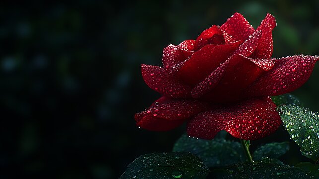 Fototapeta Dew-kissed, dark red rose