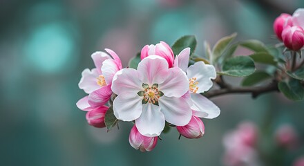 Obraz premium Close up of pink and white blossoms on a branch with a blurred blue and green background view shot