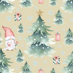 Christmas seamless pattern with gnome, lantern, spruces snow-covered, snowflakes and gift boxes. Watercolor illustration on beige background for New Year festive packaging, fabric print and textile
