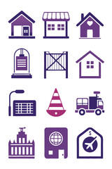 Purple Icons Representing Real Estate, Travel, and Infrastructure