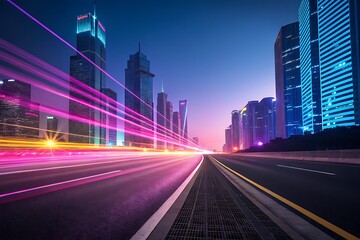 Highway at night with light trails, blue skyscrapers, urban landscape, architecture