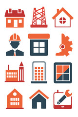 Construction and building illustration featuring homes, industry, and tools