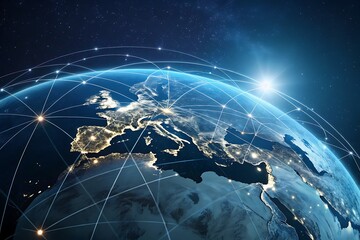 Global Network Connections over Europe and Africa at Night with City Lights and Stars