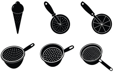 Isolated on white, a black handled stainless steel colander, part of kitchen equipment, sits near a single tennis racket and balls