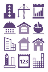 Construction, architecture, real estate, and data analysis icons