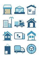 Collection of delivery, store, building, and house icons